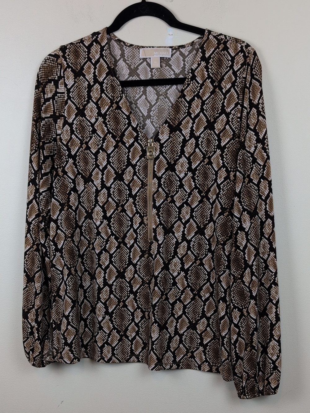 Michael Kors Brown and Black Snake-Print Zip V-Neck Blouse Size M